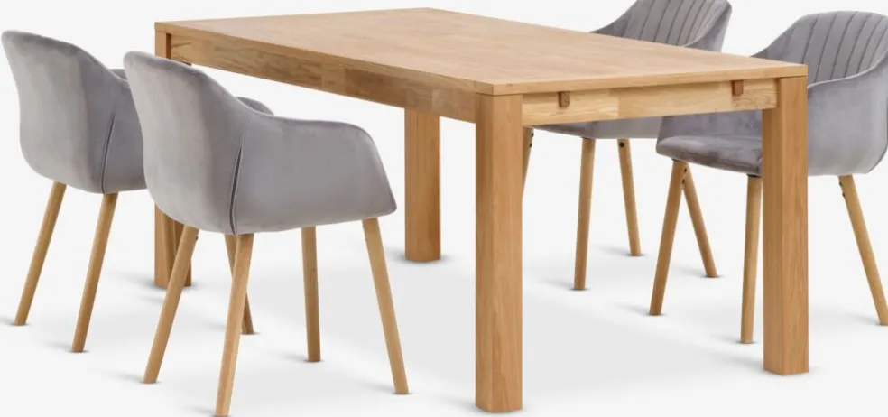 HAGE + ADSLEVHAGE L190 table chêne naturel +4 ADSLEV chaises velours gris