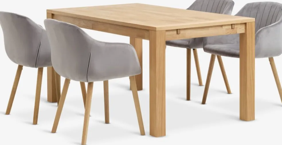 HAGE + ADSLEVHAGE L150 table chêne naturel+ 4 ADSLEV chaises velours gris