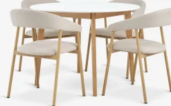 JEGIND + EJSINGJEGIND Ø105 table blanc + 4 EJSING chaises beige/colo. chêne