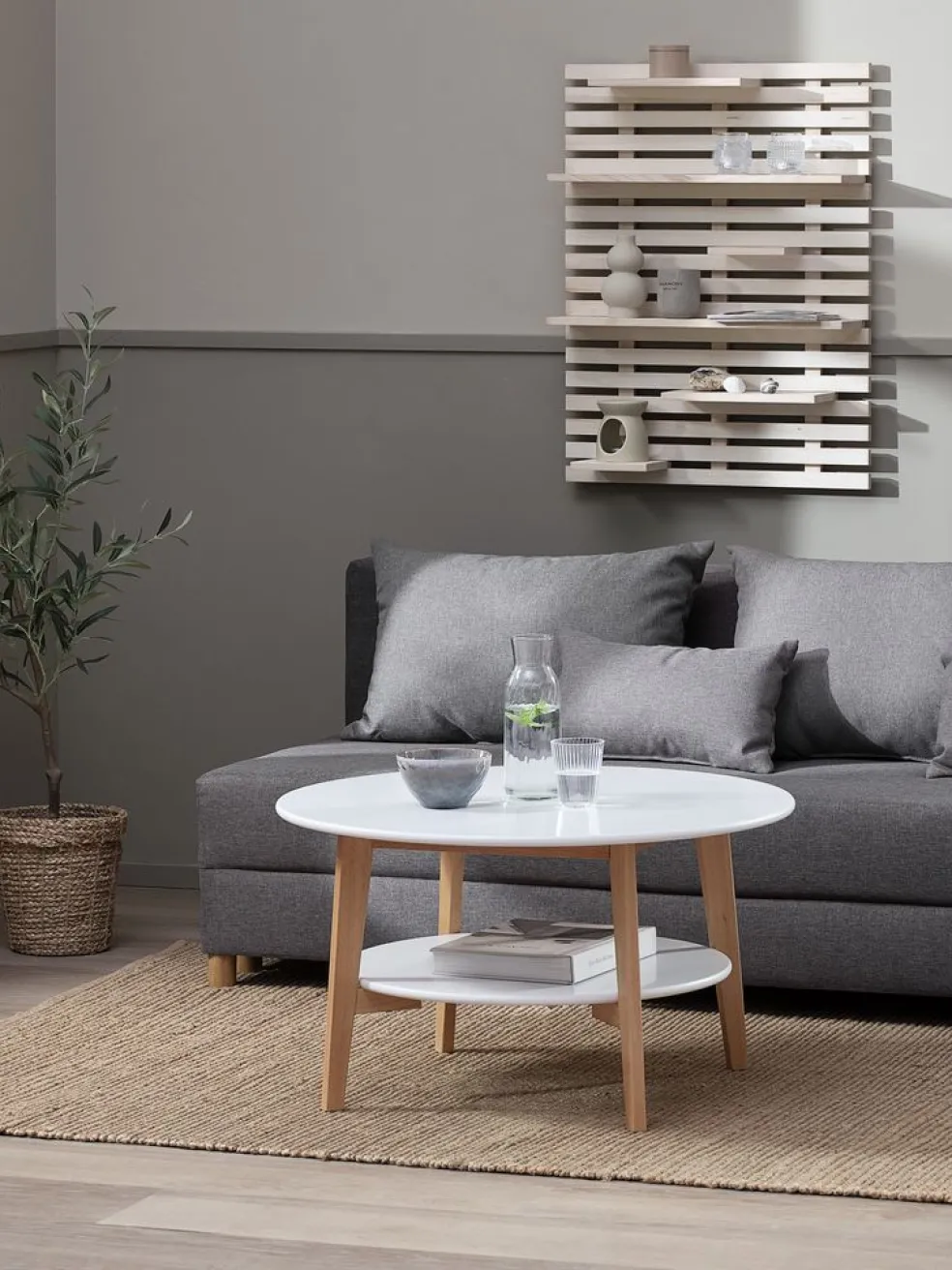 JEGINDTable basse JEGIND Ø80 1 tablette blanc/coloris chêne nat.